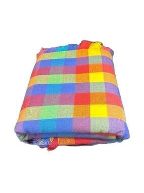 Vintage Rainbow Buffalo Check Plaid Woven Tablecloth with Fringe ~116x200”